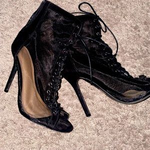black mesh open toe ankle boot heels